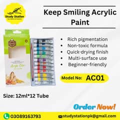 Keep Smiling Acrylic Paint Set – 12 Vibrant Colors, 12ml Tubes