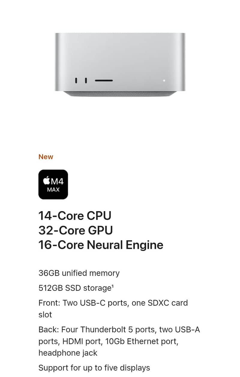 APPLE MAC STUDIO M4 MAX MU963LL/A 14C CPU 32C GPU 36GB 512GB 1