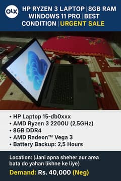 HP Ryzen 3 Laptop | 8GB RAM | Windows 11 Pro | Best Condition