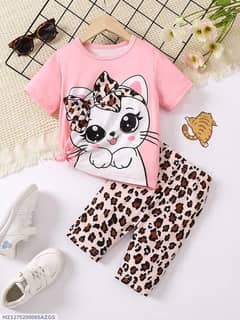 2pcs girl's stitched  cotton jersey  printed night suit