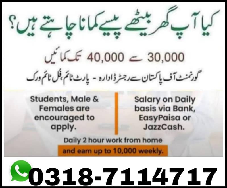 Boy/Grils online work available,part time , home work, assignment work 0