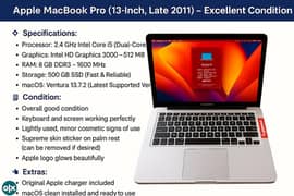 MacBook Pro 2011 – 13" – Core i5 – 8GB RAM – 500GB SSD – Silver