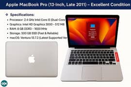 MacBook Pro 2011 – 13" – Core i5 – 8GB RAM – 500GB SSD – Silver