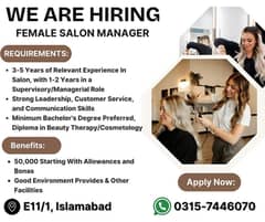 Female saloon manager - Female manager - saloon jobs - female jobs