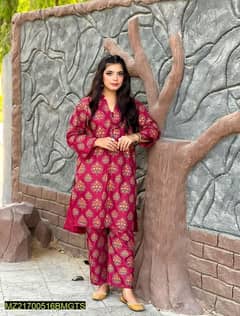 2 PCs women's stitched Linen printed suit