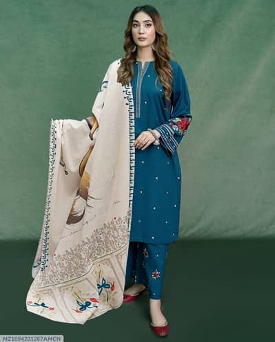 3 pcs women's  unstitched Embroidered