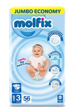 Molfx Baby Diaper Medium Sze 3 Jumbo Pack (56) Pcs 3D Midi 4-9 Kg