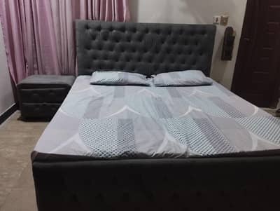 queen Size Velvet Bed with one Side Table without mattress