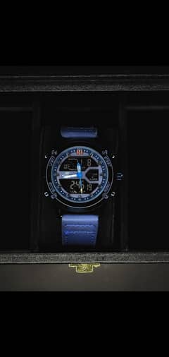 Stylish Blue Watch with Leather Strap & Double Date Feature
