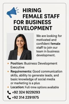 Need female staff for marketing and business development