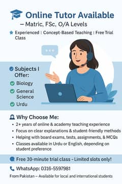 Experienced Female Online Tutor for Biology, Science & Urdu – Free Dem