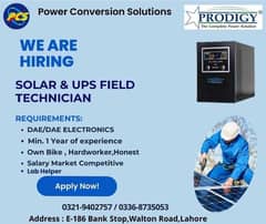 Hiring Field Technicians & Helpers – Solar & UPS Installation – Lahore