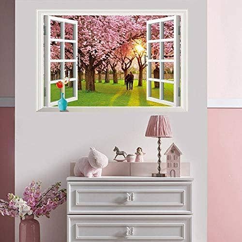 AY9234E Wall Sticker Featuring a Romantic Sunset Landscape with Cherry Tree - 3D Window Décor for Kids' Rooms
