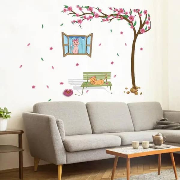 Peach Trees Blossom and Cats Vinyl Wall Sticker