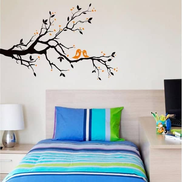 JM7051 Removable Wall Sticker of Red-billed Leiothrix Bird on Black Branches for Home Decor