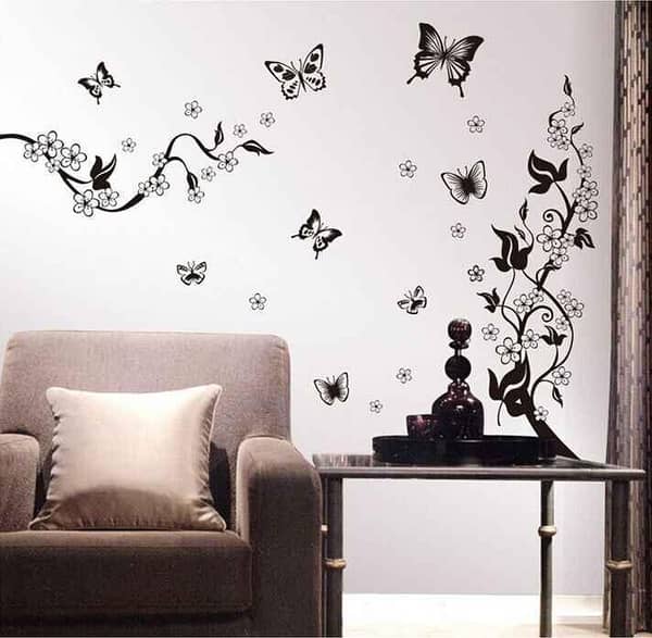 AY9124 Black Butterfly Flower Rattan Removable Wall Stickers for Living Room TV/Sofa Background