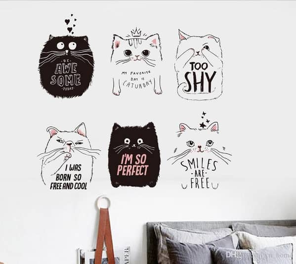 Cute Cat Wall Stickers Set for Home Decor - 6 Black and White Cat Wallpapers for DIY Kids Room - jm7338