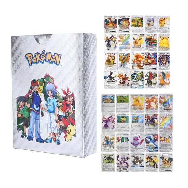 55-Piece Silver Foil Pokémon Card Pack Set with Vmax, GX, EX, and DX Cards for Boys