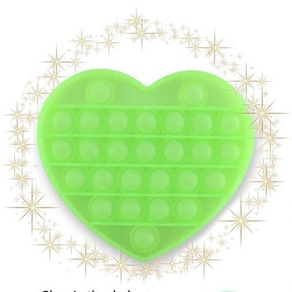 Glow in the Dark Heart Shaped Push Pop Bubble Fidget Spinner Silicone Toy - 5 inches - Green