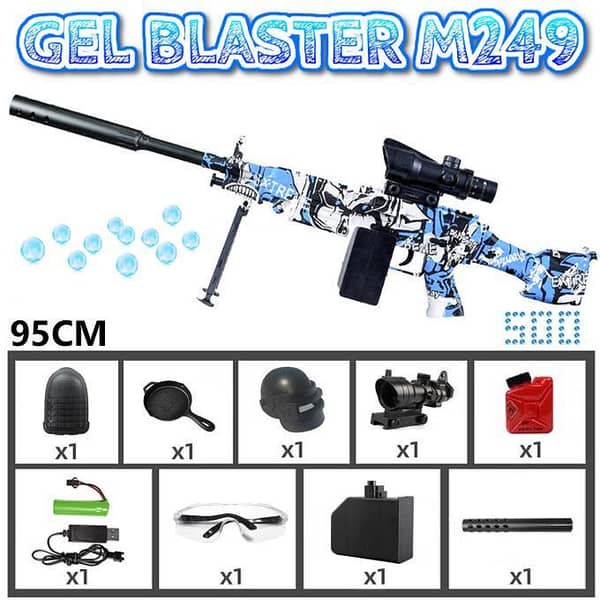 M249 Gel Blaster Electric Toy Gun Set with Glasses, Pan, Helmet, and Backpack - Blue