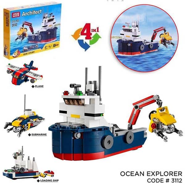 Decool 4-in-1 Building Block Set: Architect Ocean Explorer, Detection Ship, Submarine, and Aircraft - 213 Pieces - Model 3112