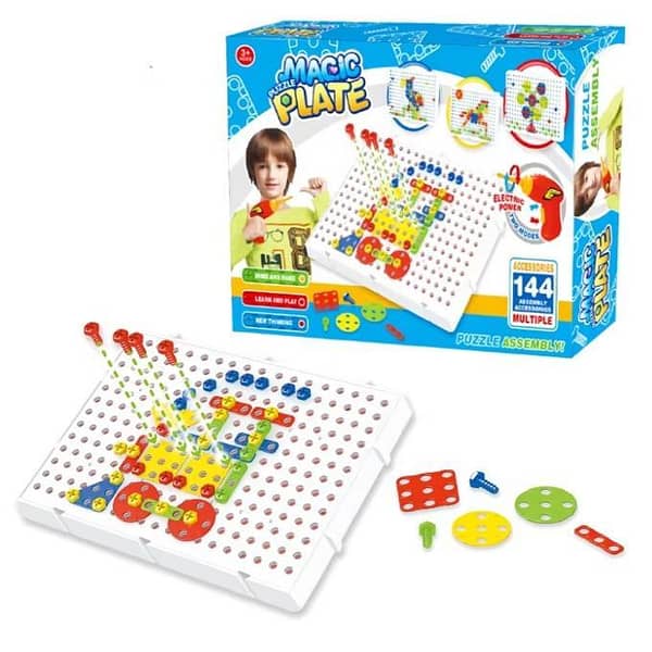 Magic Puzzle Plate Playsets Construction Tools Kit with Drill - 3D Educational Toy for Kids with 144 Pieces