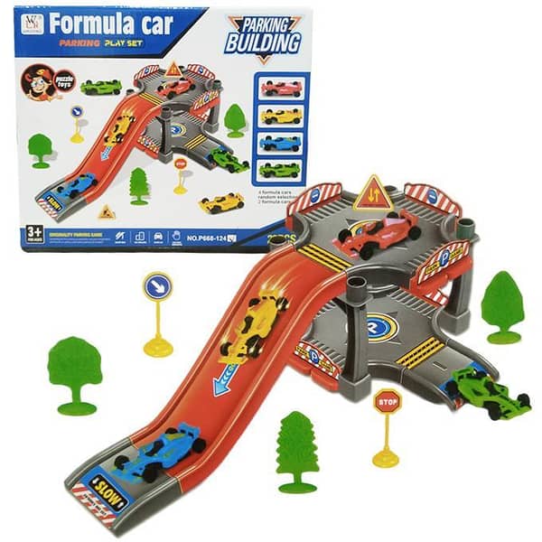 Formula Car Parking Play Set - 23 Piece Puzzle with 2 Random Formula Cars - Approx. 32cm - Multicolor