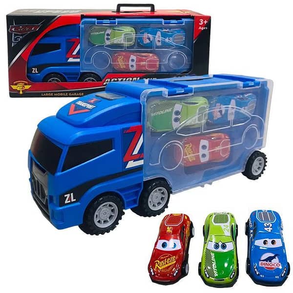 McQueen Container Truck Set with 3 Metal Dinky Cars and One Pencil Box - Approx. 11 inch - Multicolor