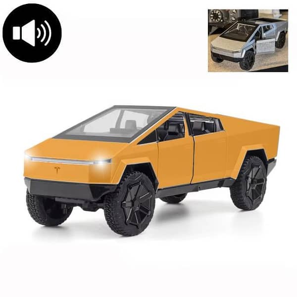 Tesla Cybertruck Die-Cast Model Toy Car - Openable Doors and Trunk, Lights and Music, 5 Inches, 1:36 Scale, Orange