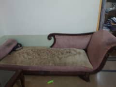 wooden single couch and  single center table and  cupboard  three door