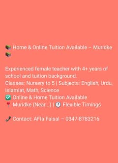 Female home and online  tutor_Muridke all subjects