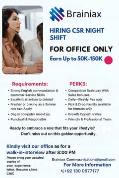  HIRING CSR NIGHT SHIFT FOR OFFICE & WORK FROM HOME