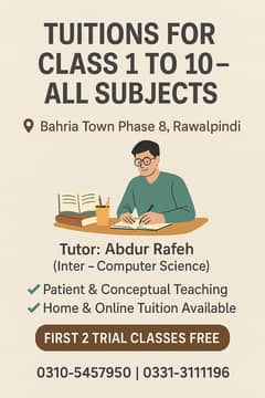 Home & online tutor for Cl 1–10  – Bahria Ph 8, Rwp (All Subjs)