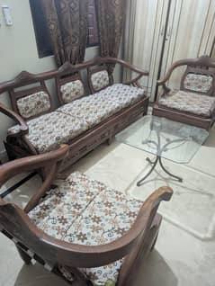 Solid Wood 5-Seater Sofa Set with Glass Table
