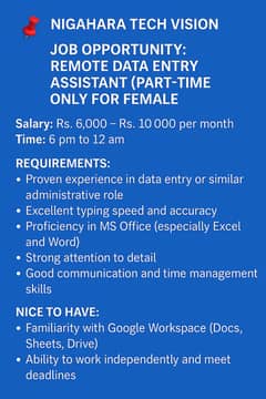 Remote Data Entry Assistant (Only for Female)