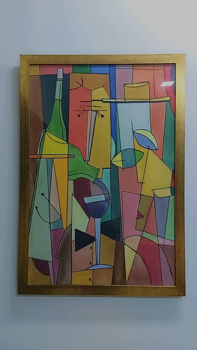 Abstract Cubist Painting - Still life with gold frame