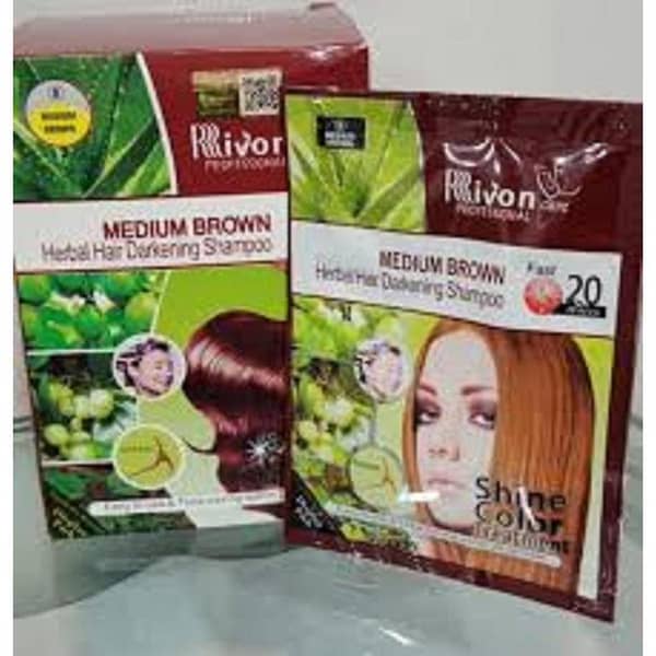 Pack of 6 Sachets Medium Brown Color - Rivon Herbal Hair Darkening Shampoo