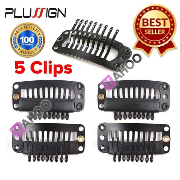 U-Shaped Clamp and 10 Brown Snap Clips for Hair Extensions and Wigs - 5 Clips Set