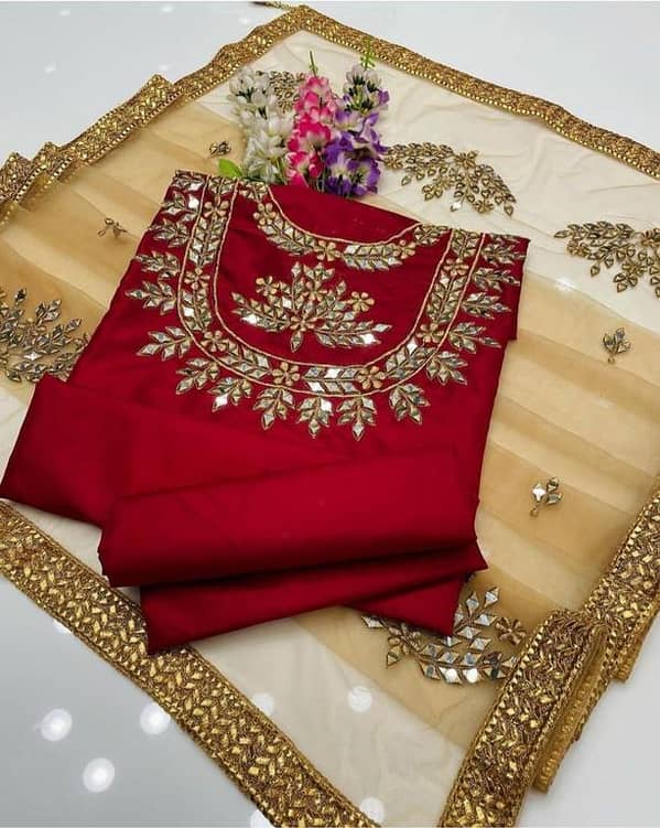 Unstitched 3 Piece Suit for Women - Kataan Silk Shirt, Trouser, and Net Dupatta with Mirror Work