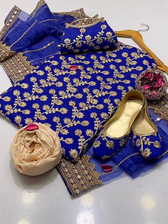 Ashrafi Customized Crinkle Chiffon Embroidered Suit with Marble Shirt, 4-Sided Sequence Border Dupatta, Masuri Shalwar, Khussa, and Clutch