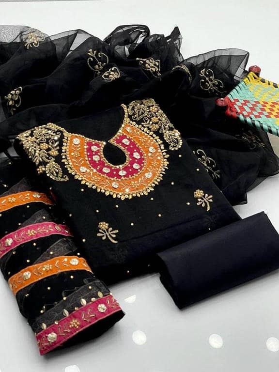 3-Piece Unstitched Suit for Women - Organza Aari Zari Beaded Applic Shirt with Dupatta and Kattan Silk Trouser - Ashrafi Customized