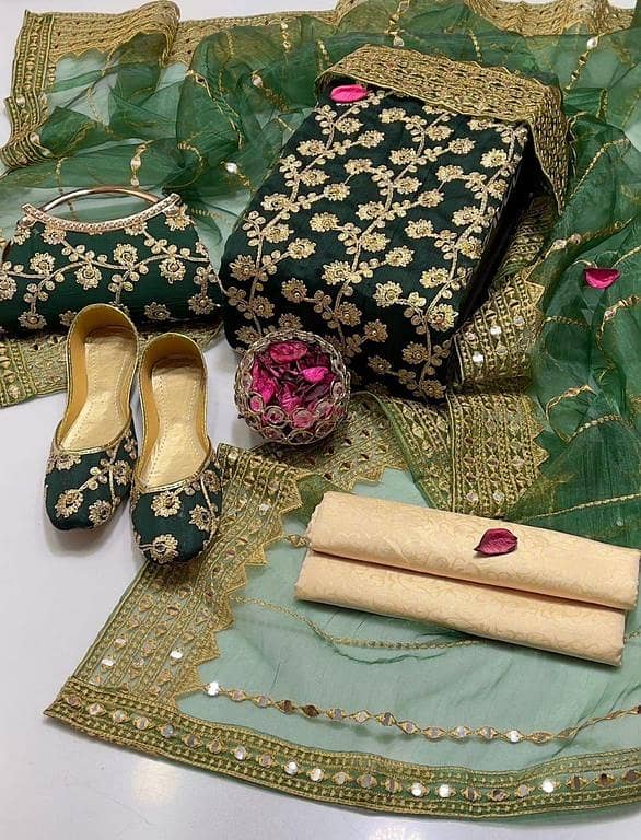 Ashrafi Customized Crinkle Chiffon Embroidery Suit for Women with Masuri Trouser, Organza Dupatta, and Free Khussa & Clutch