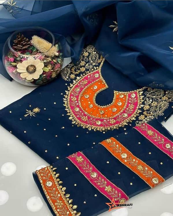Women’s Organza Dress with Handmade Aari and Zari Beads Shirt and Heavy Bazo Patch Work Dupatta - Ashrafi Customized
