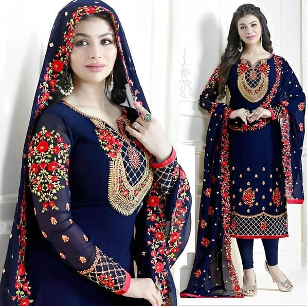 Women’s Chiffon Embroidered Three-Piece Shalwar Kameez in Navy Blue SM-16
