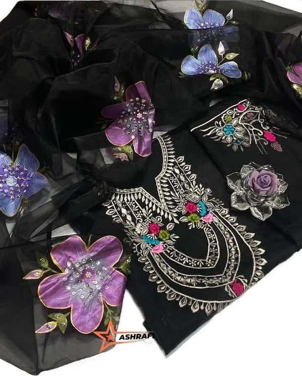 2-Piece Designer Suit with 3D Hand-Painted Dupatta & Mirror Work | Luxury Unstitched Festive Collection