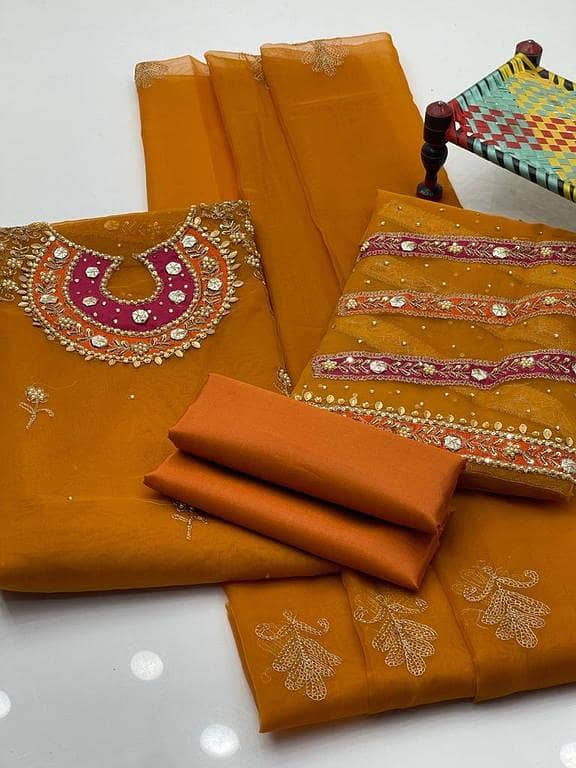 Women's Organza Handmade Suit with Multi Applic Gotta Work, Shirt, Dupatta, Silk Trouser - Customized Bridal Ashrafi