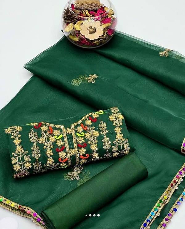 Heavy Embroidery Multi Patch Gala Aari Beats Organza Shirt with Dupatta and Kataan Silk Trouser - 3 Pieces by Ashrafi, Unstitched for Weddings and Parties