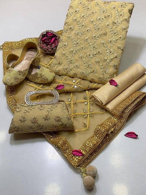 Ladies 3pc Party Wear Dress: Chiffon Crinkle Marble & Gotta Embroidered Shirt with Self Embossed Masuri Shalwar and Handmade Embroidery Dupatta - Includes Khussa & Clutch