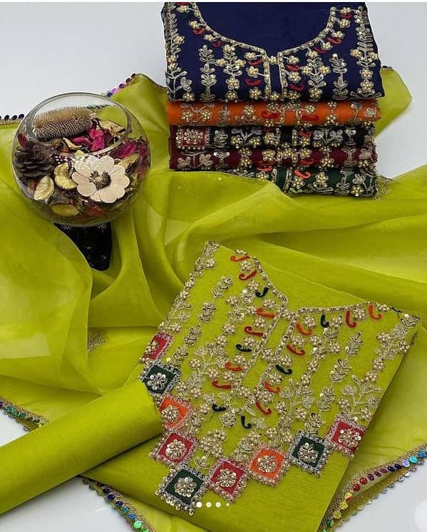 Organza 3-Piece Unstitched Suit for Women - Embroidered Shirt, Dupatta with 4-Side Border & Kataan Silk Trouser - Brand: Ashrafi
