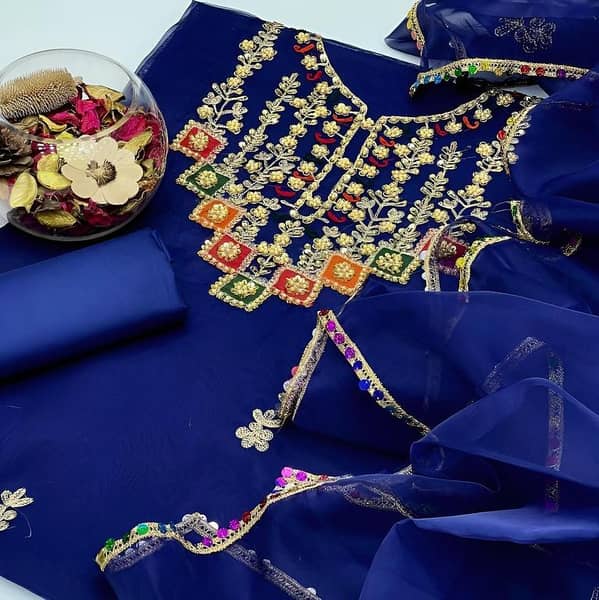 Women’s Organza Shirt with Multi Patch Gala Embroidery, Aari Beats & Motive Work – Includes Dupatta & Kataan Silk Trouser – Ashrafi - Customized Set
